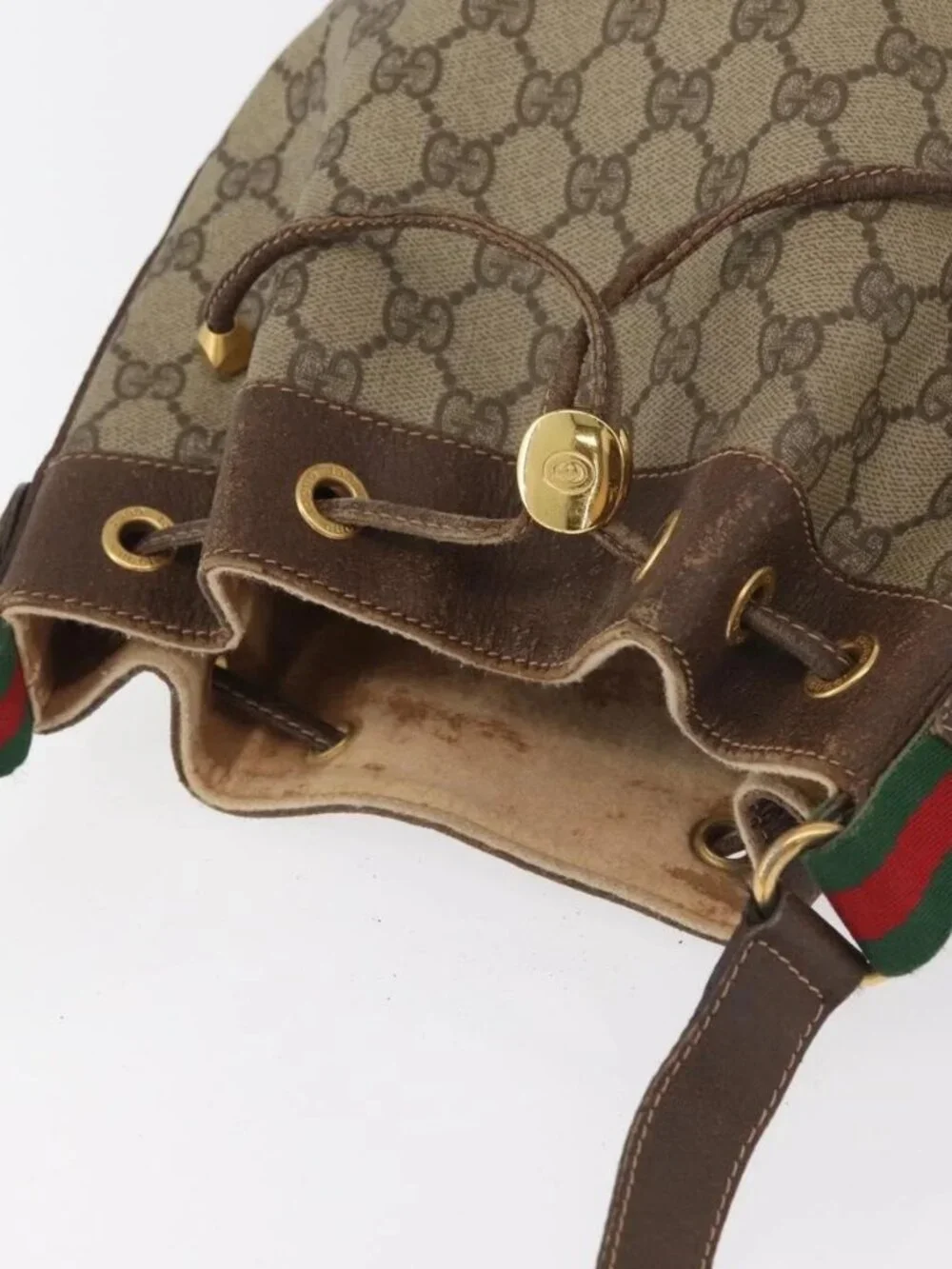 GUCCI GG Supreme Sherry Line Drawstring PVC Beige Red 164 02 034 Auth BA13148